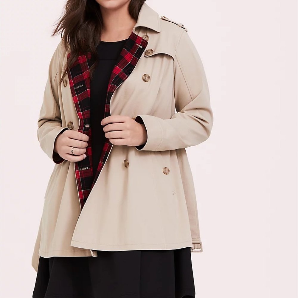 TAN TWILL & PLAID LINED TRENCH COAT